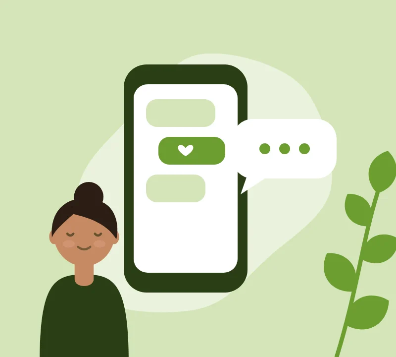 Illustration of a phone with friendly chat messages and a heart