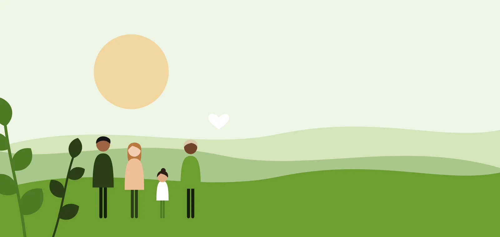 Illustration of a family walking together through green hills