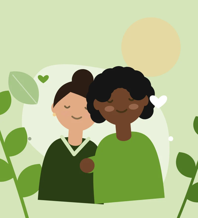 Illustration of two friends supporting each other, surrounded by leaves