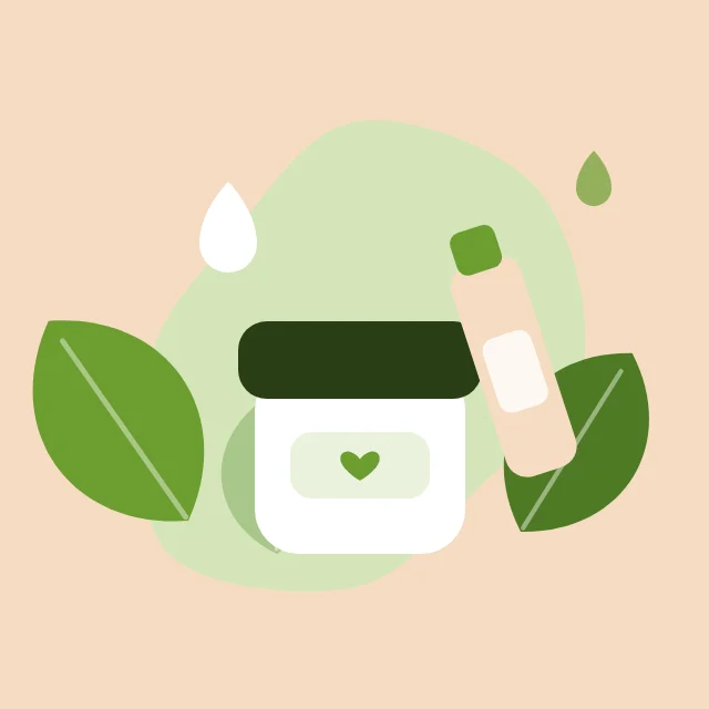 Illustration of a moisturising cream jar surrounded by leaves